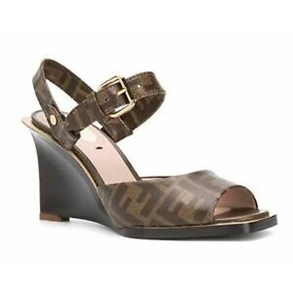 Fendi Dark Brown FF Motif Logo Ankle Strap Sandal Peep Toe Heel Pump Wedge 36.5 - Picture 4 of 11